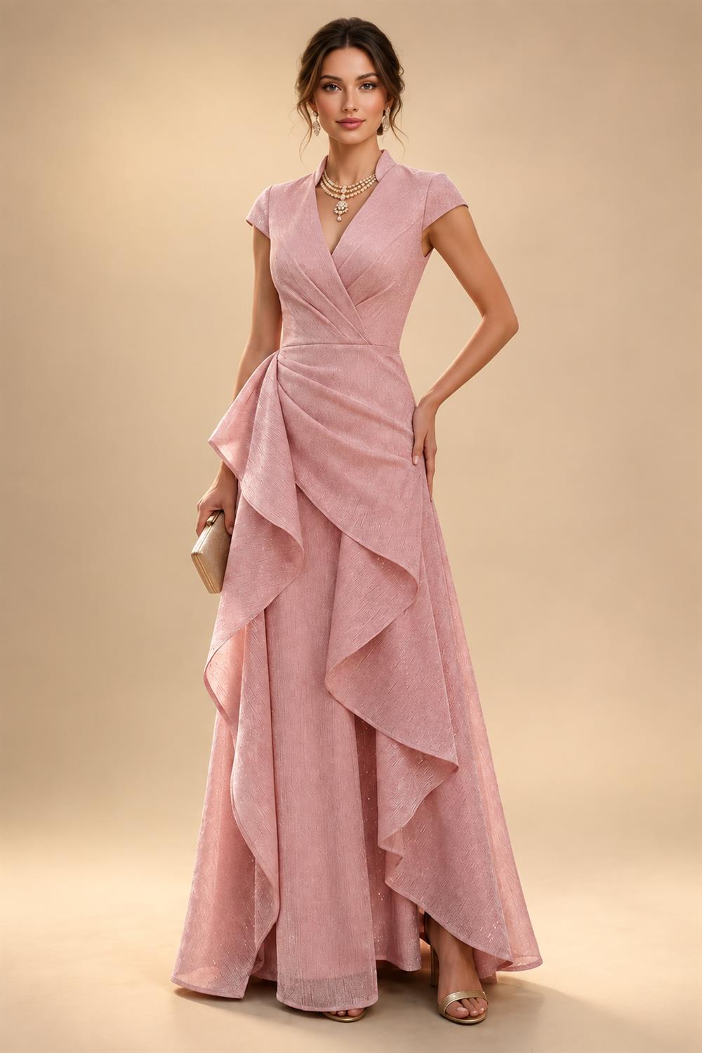 A-Line/Princess V-Neck Chiffon Maxi Mother of the Bride & Groom Dresses with Side Sash, Sweep Train & Ruched Bodice (SHI22501629)