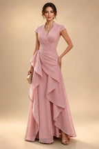 A-Line/Princess V-Neck Chiffon Maxi Mother of the Bride & Groom Dresses with Side Sash, Sweep Train & Ruched Bodice (SHI22501629)