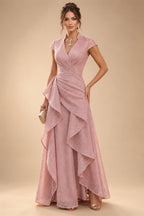 Floral Print A-Line/Princess V-Neck Tea-Length Mother of the Bride & Groom Dresses with Ruched Waist & Pockets (SHI22501150)