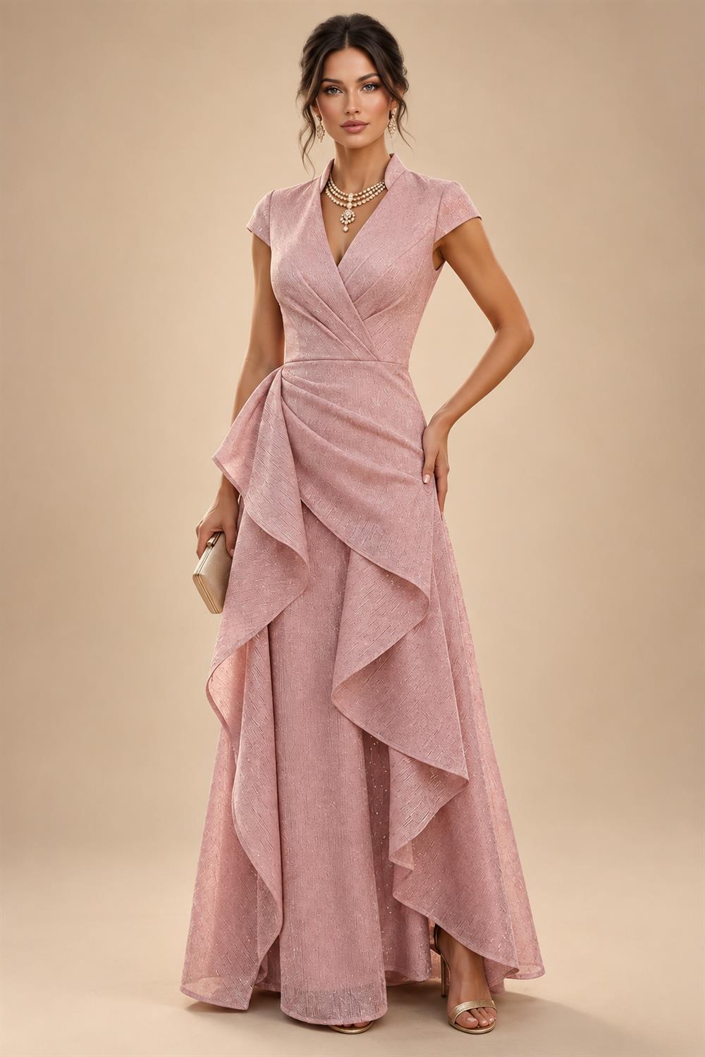 A-Line Chiffon 3/4 Flutter Sleeves Mother of the Bride & Groom Dresses with Beaded Lace Embroidered Bodice (SHI22500645)