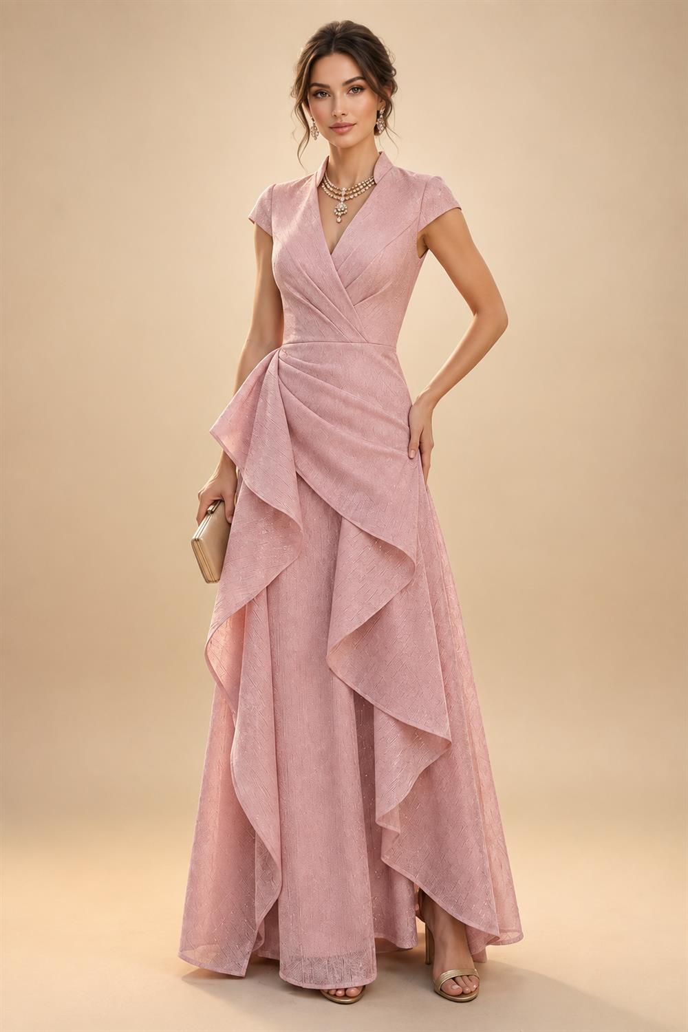2-Piece A-Line Chiffon 3/4 Sleeves Mother of the Bride & Groom Dresses with Scalloped V-Neck Lace Bodice (SHI22500637)