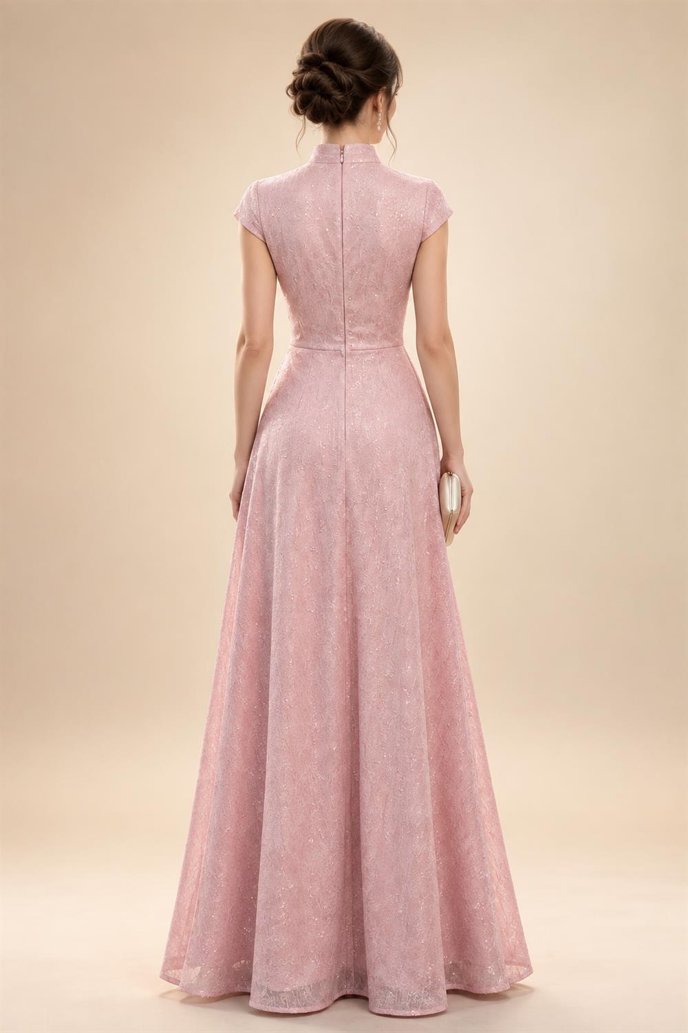 A-Line Floral Jacquard Floor-Length Mother of the Bride & Groom Dresses with V-Neck, Cap Sleeves (SHI22500480)
