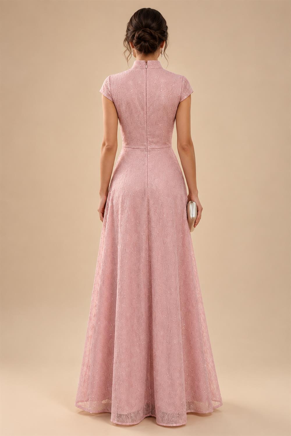 A Line/Princess Stand Collar Short Sleeve Long Elegant Mother of the Bride Dresses (SHI22500207)