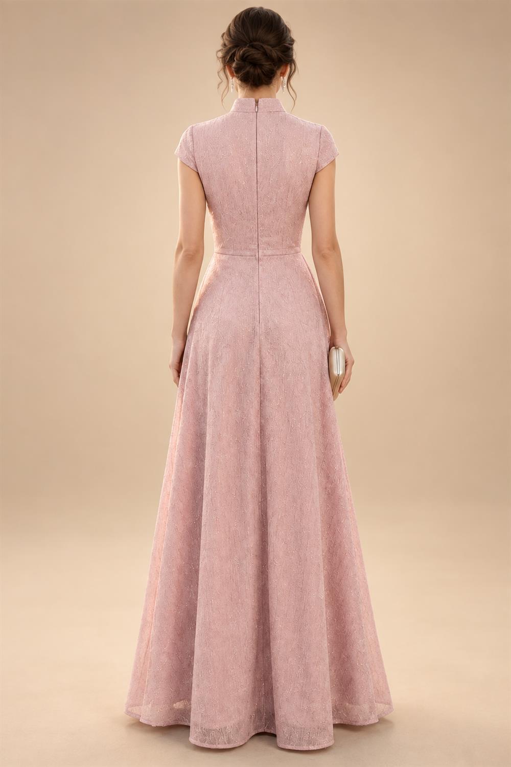 Cape Sleeve Jacquard Satin Ruched Mother of the Bride Dresses (SHI22500526)