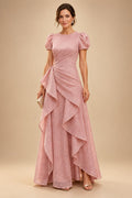A-Line/Princess Scoop Neck Tea-Length Mother of the Bride & Groom Dresses with Ruffles & Ruched Waist (SHI22501287)