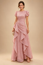 A-Line/Princess Scoop Neck Tea-Length Mother of the Bride & Groom Dresses with Ruffles & Ruched Waist (SHI22501287)