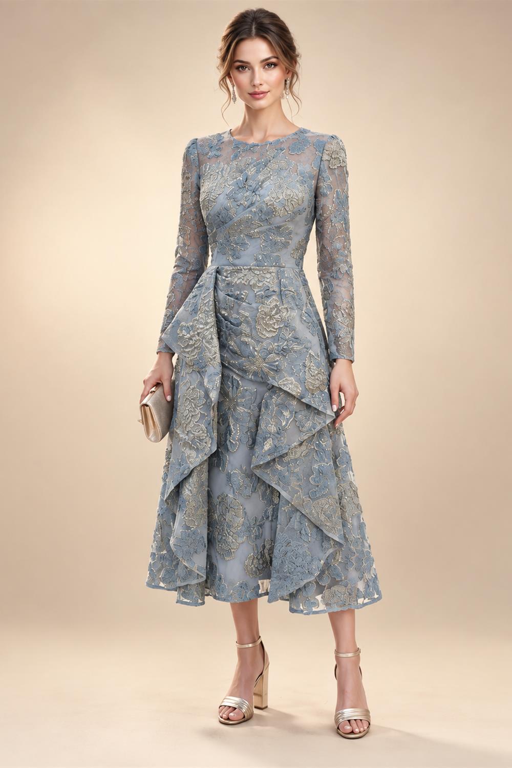A-Line/Princess Scoop Neck Tea-Length Mother of the Bride & Groom Dresses with Ruffles & Ruched Waist (SHI22501287)