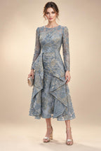 A-Line/Princess Scoop Neck Tea-Length Mother of the Bride & Groom Dresses with Ruffles & Ruched Waist (SHI22501287)