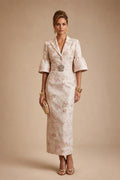 Jacquard Sheath/Column V-Neck Tea-Length Mother of the Bride & Groom Dresses for Women (SHI22501292)