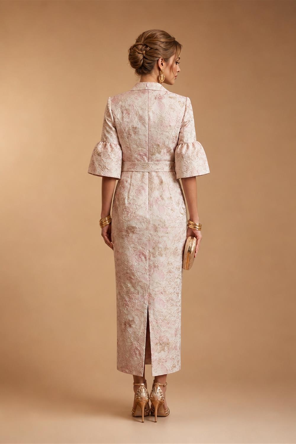 Jacquard Sheath/Column V-Neck Tea-Length Mother of the Bride & Groom Dresses for Women (SHI22501292)