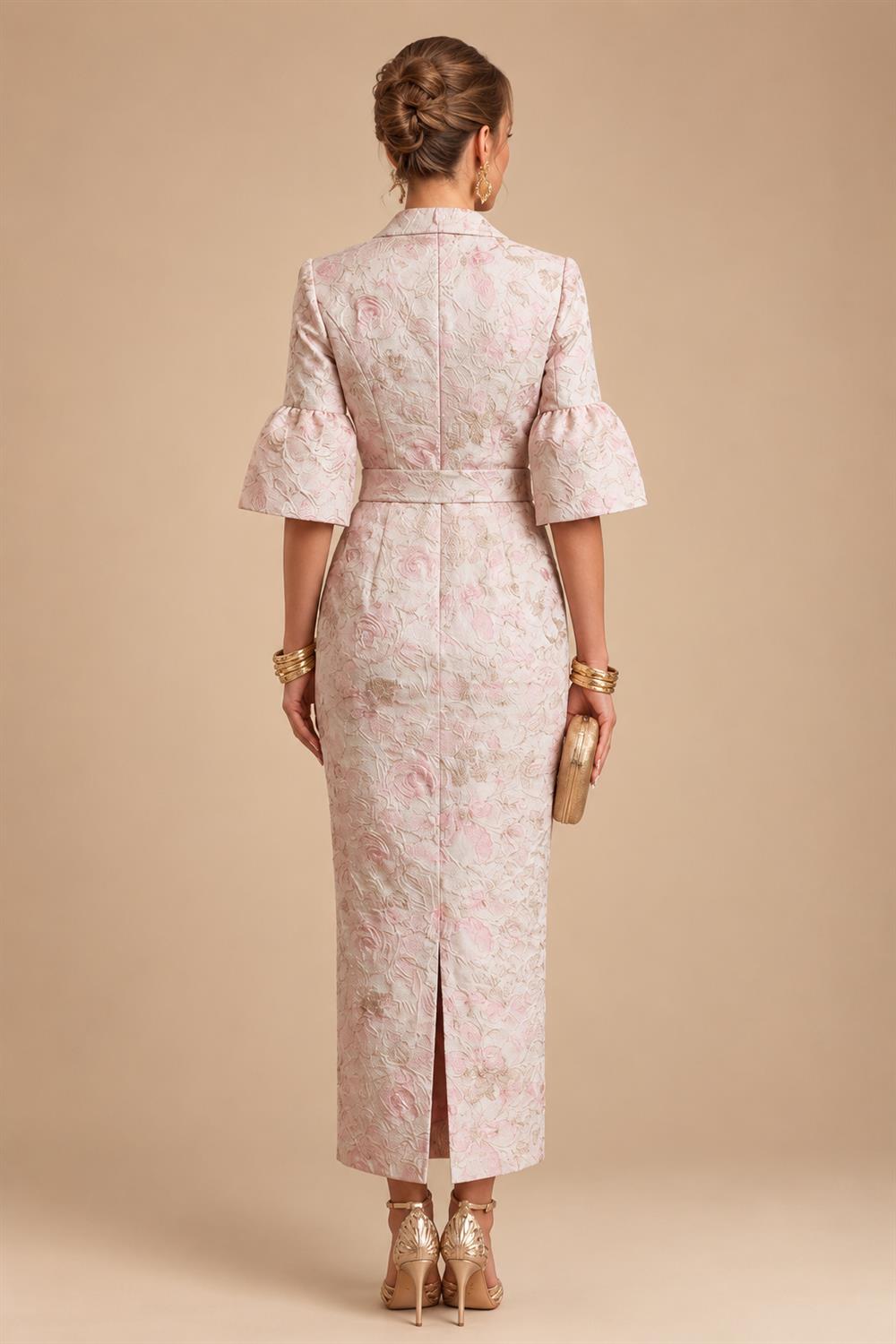 Jacquard Sheath/Column V-Neck Tea-Length Mother of the Bride & Groom Dresses for Women (SHI22501292)