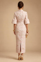 Sheath Satin Tea-Length Mother of the Bride & Groom Dresses with 3/4 Bell Sleeves & Crystal Embellished Belt (SHI22500471)