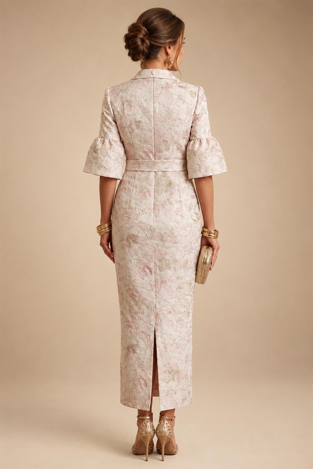 Sheath Satin Tea-Length Mother of the Bride & Groom Dresses with 3/4 Bell Sleeves & Crystal Embellished Belt (SHI22500471)