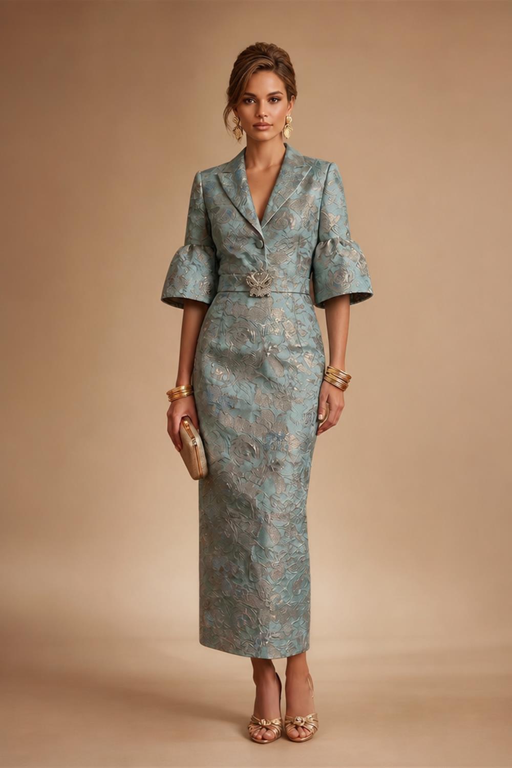 Jacquard Sheath/Column V-Neck Tea-Length Mother of the Bride & Groom Dresses for Women (SHI22501292)