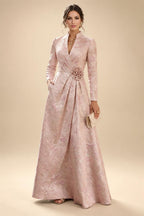 Jacquard A-Line/Princess V-Neck Floor-Length Mother of the Bride & Groom Dresses with Ruched Waist & Pockets (SHI22500984)