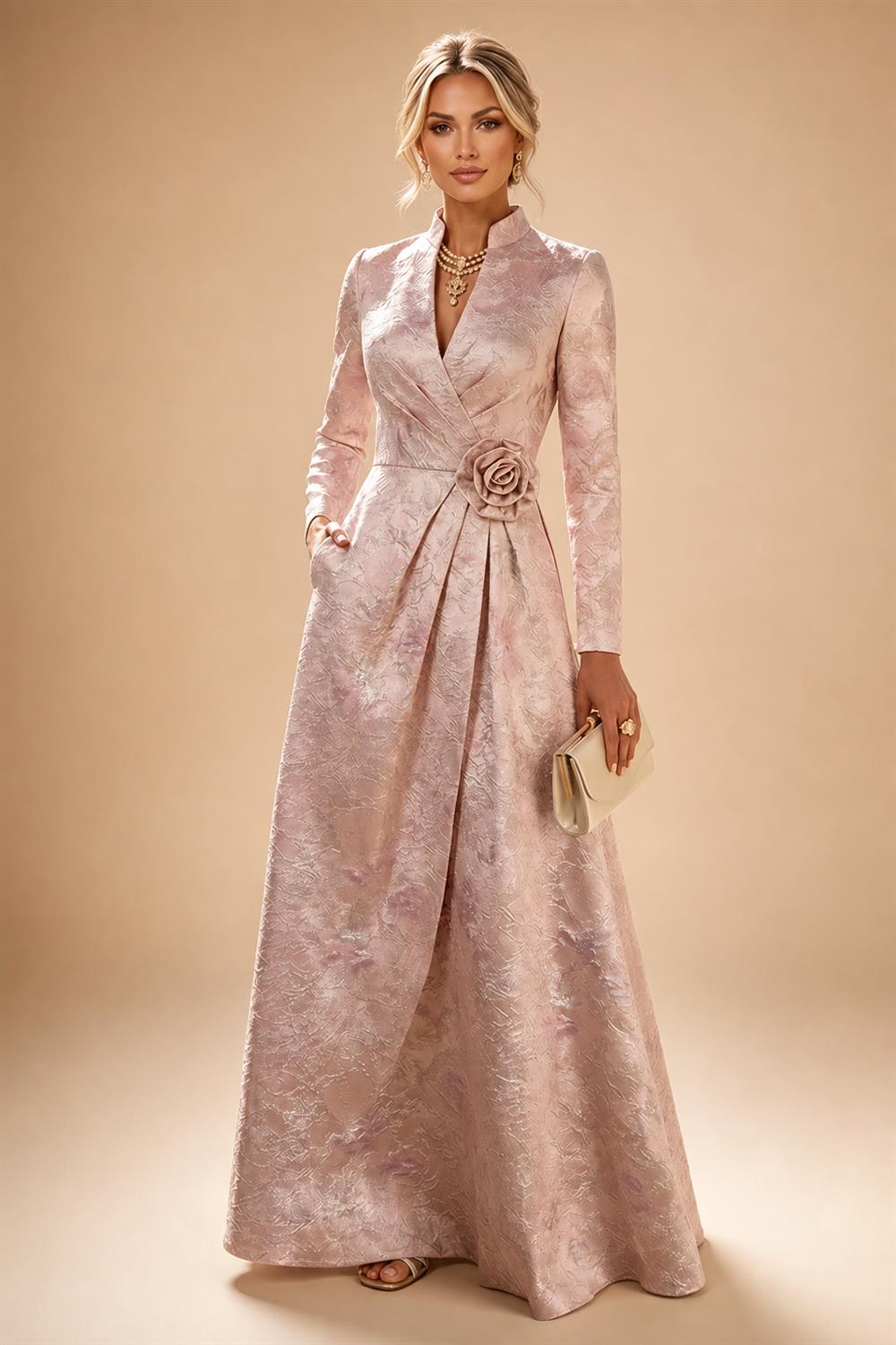 Jacquard A-Line/Princess V-Neck Floor-Length Mother of the Bride & Groom Dresses with Ruched Waist & Pockets (SHI22501298)