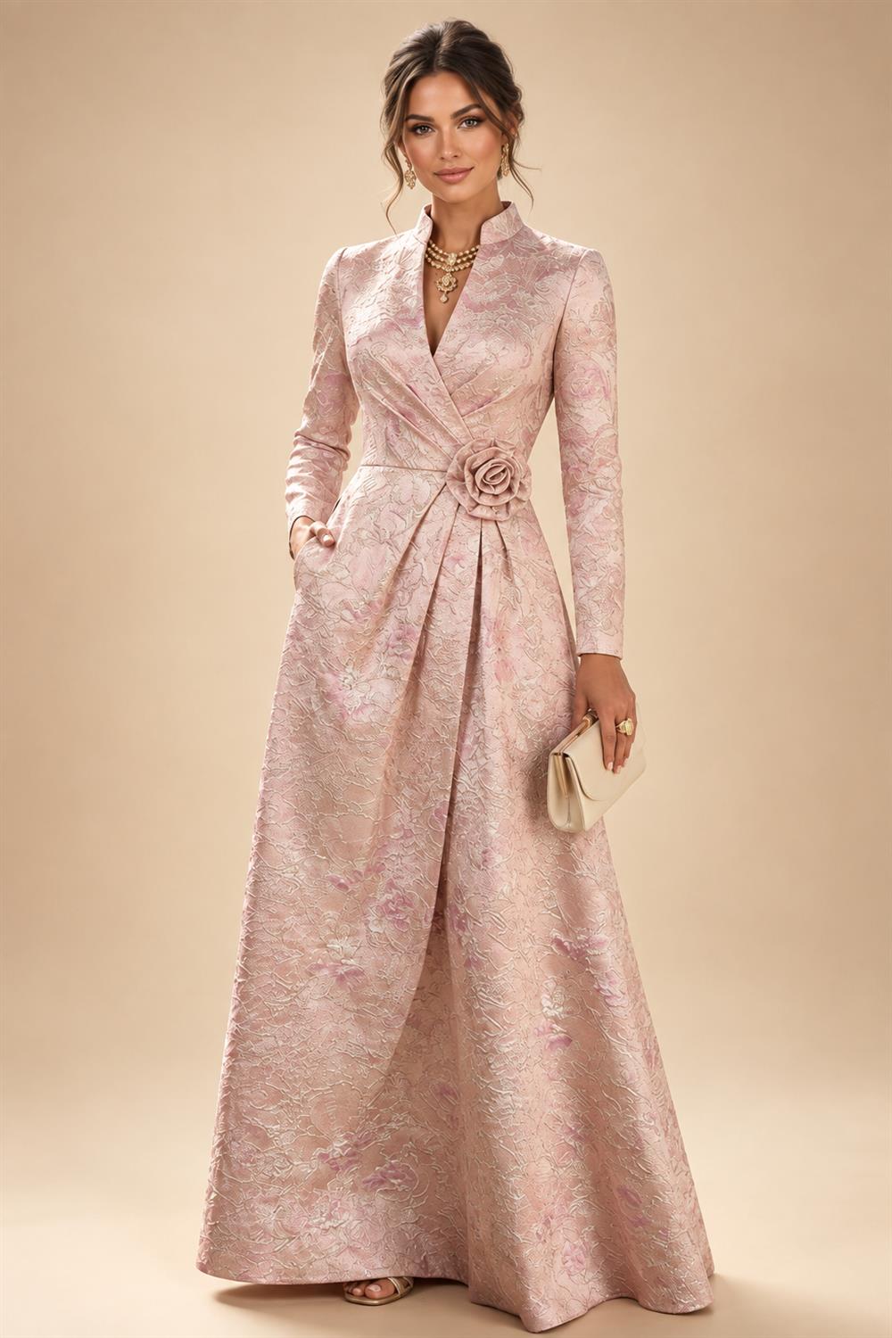 Jacquard A-Line/Princess V-Neck Floor-Length Mother of the Bride & Groom Dresses with Ruched Waist & Pockets (SHI22501298)