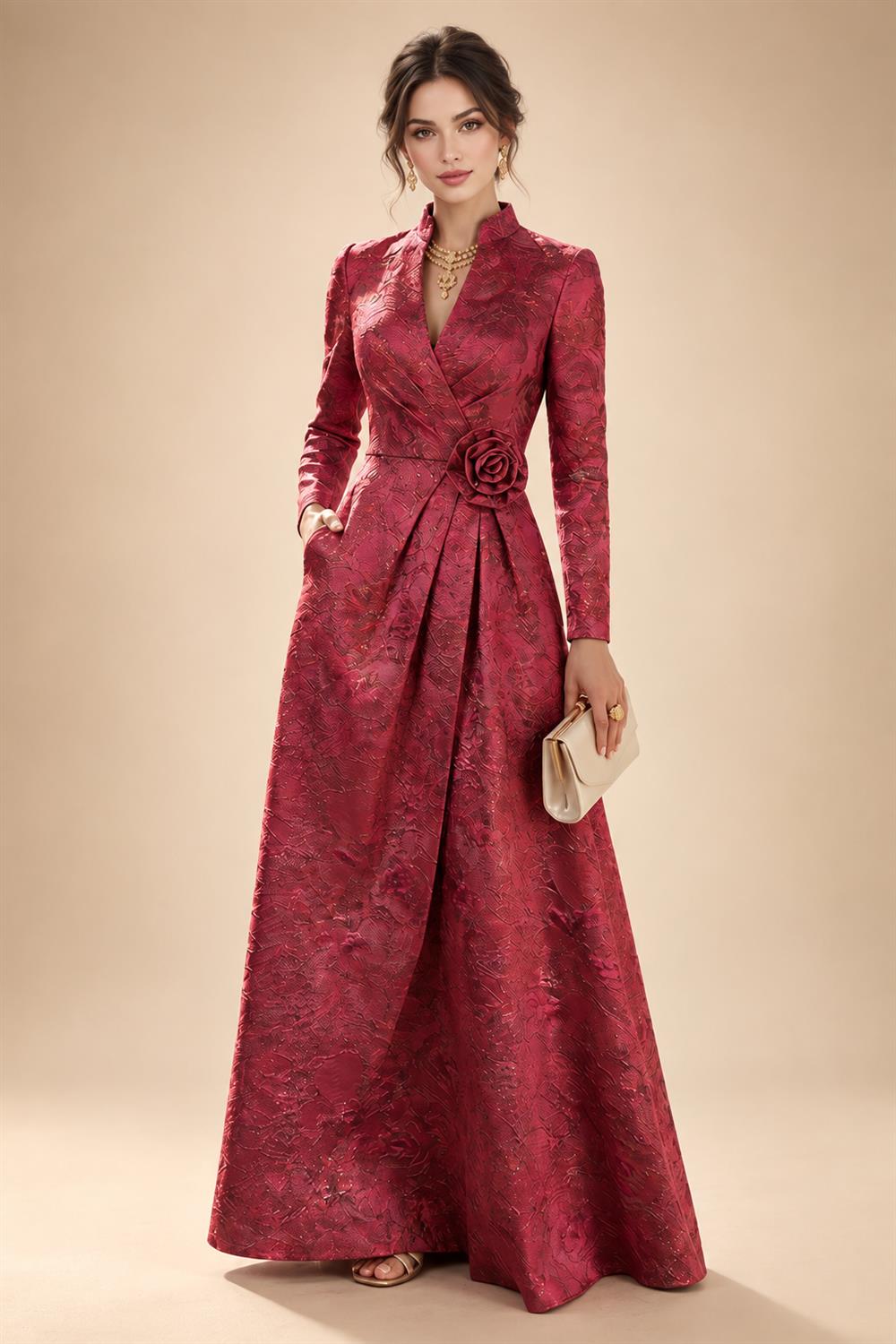 Jacquard A-Line/Princess V-Neck Floor-Length Mother of the Bride & Groom Dresses with Ruched Waist & Pockets (SHI22501298)