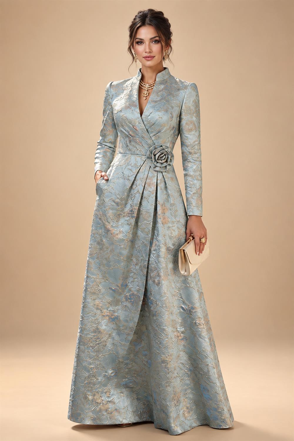 Jacquard A-Line/Princess V-Neck Floor-Length Mother of the Bride & Groom Dresses with Ruched Waist & Pockets (SHI22501298)
