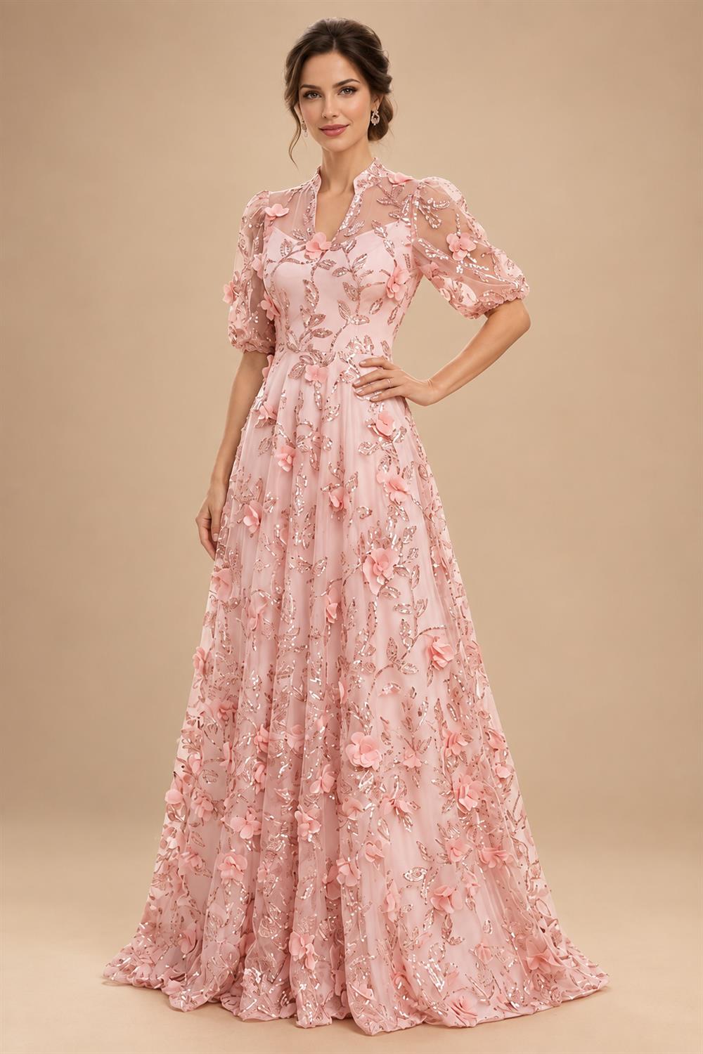 Sequin Floral A-Line/Princess V-Neck Floor-Length Mother of the Bride & Groom Dresses with 3D Flowers & Pleats (SHI22501348)