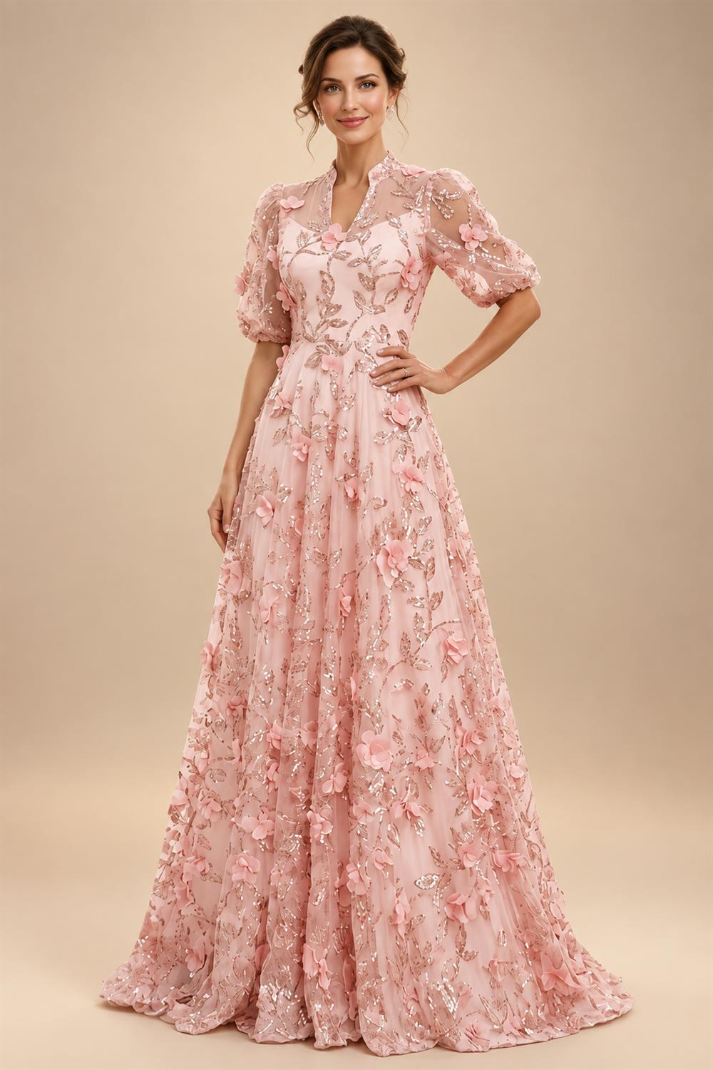 Sequin Floral A-Line/Princess V-Neck Floor-Length Mother of the Bride & Groom Dresses with 3D Flowers & Pleats (SHI22501348)