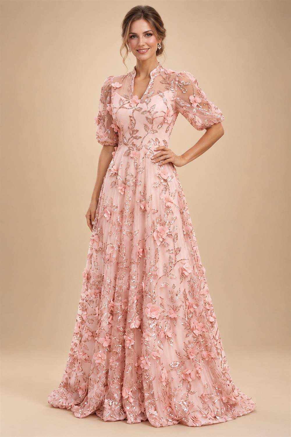 Sequin Floral A-Line/Princess V-Neck Floor-Length Mother of the Bride & Groom Dresses with 3D Flowers & Pleats (SHI22501350)