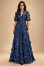 Sequin Floral A-Line/Princess V-Neck Floor-Length Mother of the Bride & Groom Dresses with 3D Flowers & Pleats (SHI22501350)