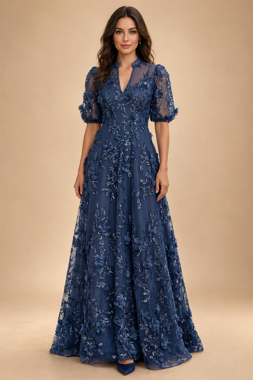 Sequin Floral A-Line/Princess V-Neck Floor-Length Mother of the Bride & Groom Dresses with 3D Flowers & Pleats (SHI22501350)
