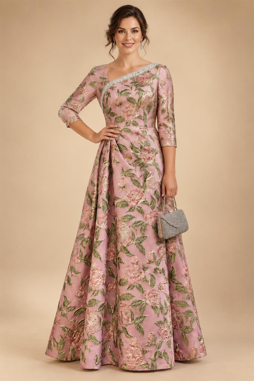 Jacquard A-Line/Princess Asymmetric Neck Floor-Length Mother of the Bride & Groom Dresses with Pleats (SHI22501354)