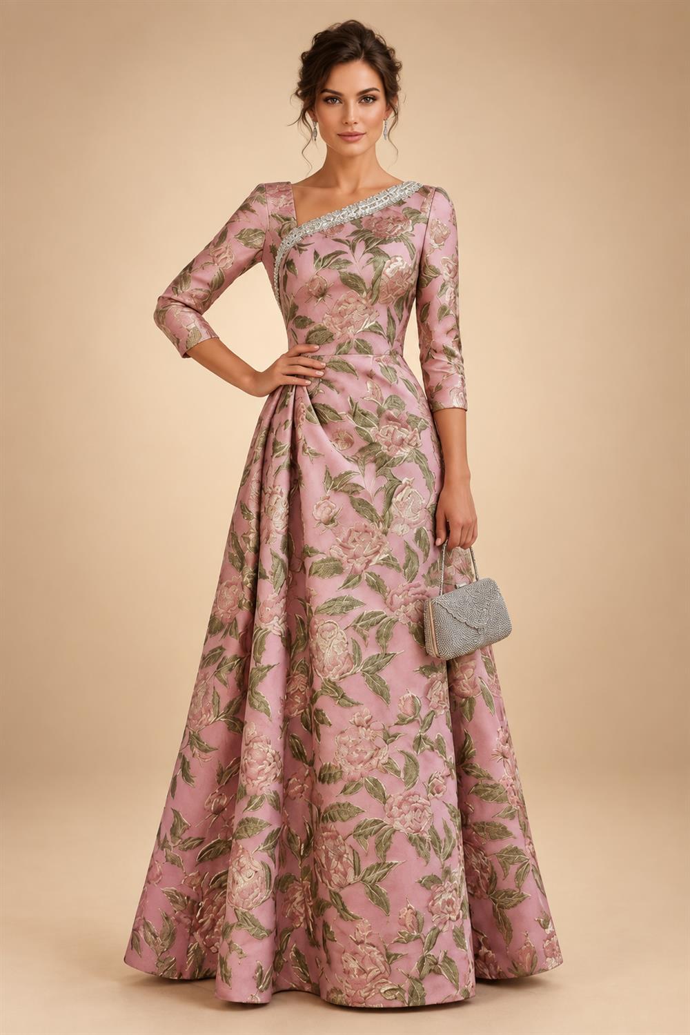 Jacquard A-Line/Princess Asymmetric Neck Floor-Length Mother of the Bride & Groom Dresses with Pleats (SHI22501354)