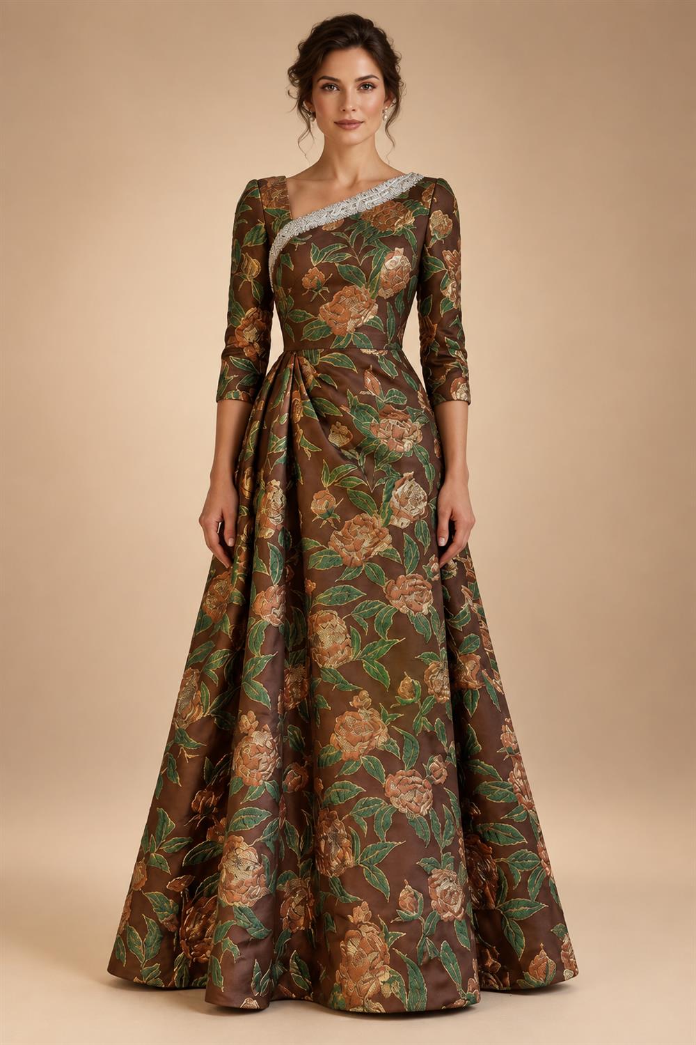 Jacquard A-Line/Princess Asymmetric Neck Floor-Length Mother of the Bride & Groom Dresses with Pleats (SHI22501354)