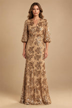 Sequin Floral Sheath/Column V-Neck Floor-Length Mother of the Bride & Groom Dresses with Ruched Waist (SHI22500972)