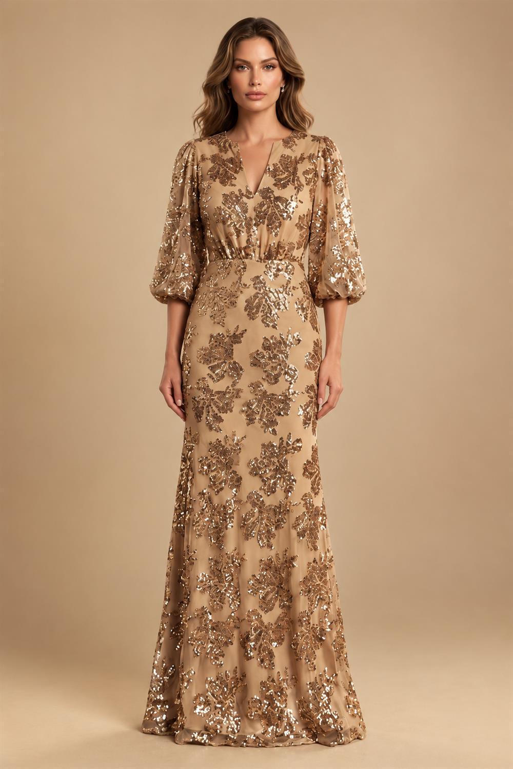 Sequin Floral Sheath/Column V-Neck Floor-Length Mother of the Bride & Groom Dresses with Ruched Waist (SHI22500972)