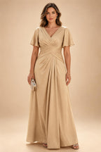 A-Line Chiffon 3/4 Flutter Sleeves Mother of the Bride & Groom Dresses with Beaded Lace Embroidered Bodice (SHI22500645)
