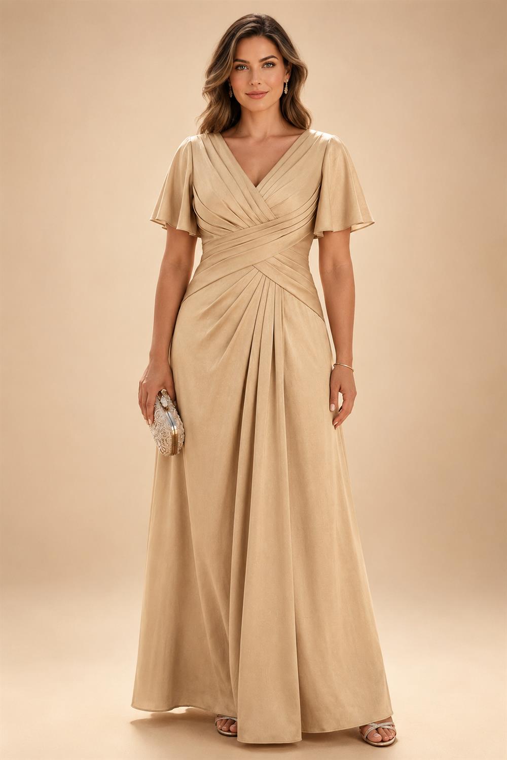 A-Line Chiffon 3/4 Flutter Sleeves Mother of the Bride & Groom Dresses with Beaded Lace Embroidered Bodice (SHI22500645)