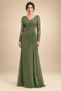 Chiffon Sheath/Column V-Neck Floor-Length Mother of the Bride & Groom Dresses with Lace Embroidery Bodice & Ruched Waist (SHI22501510)