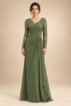 Chiffon Sheath/Column V-Neck Floor-Length Mother of the Bride & Groom Dresses with Lace Embroidery Bodice & Ruched Waist (SHI22501510)