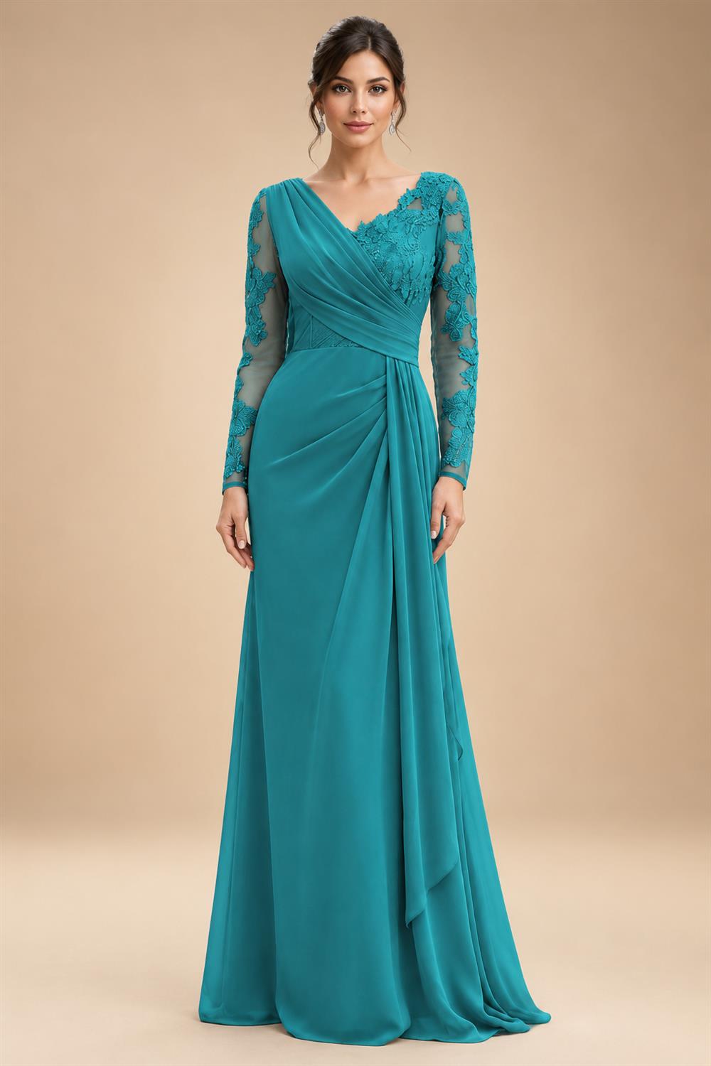 Chiffon Sheath/Column V-Neck Floor-Length Mother of the Bride & Groom Dresses with Lace Embroidery Bodice & Ruched Waist (SHI22501510)