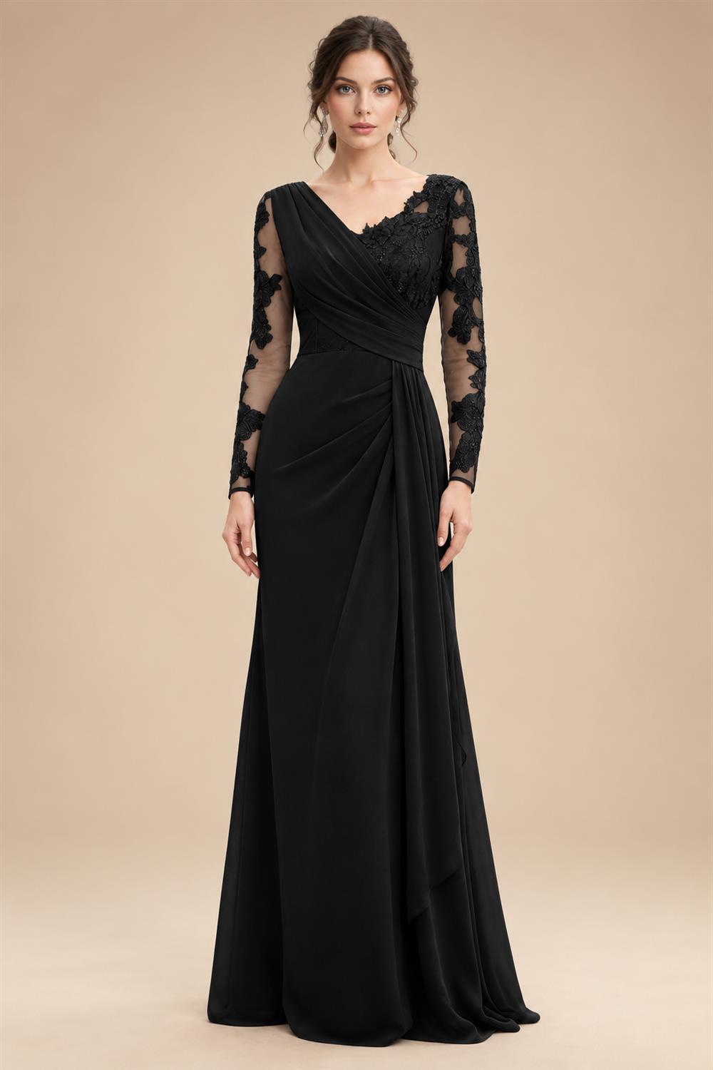 Chiffon Sheath/Column V-Neck Floor-Length Mother of the Bride & Groom Dresses with Lace Embroidery Bodice & Ruched Waist (SHI22501510)