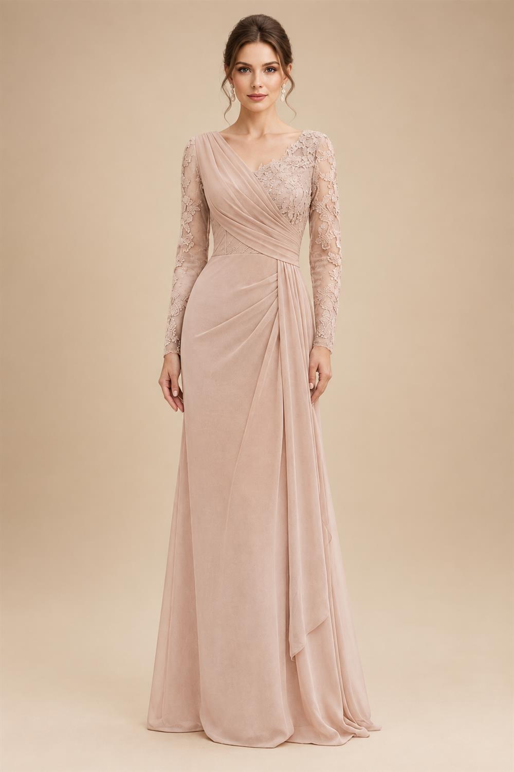 Chiffon Sheath/Column V-Neck Floor-Length Mother of the Bride & Groom Dresses with Lace Embroidery Bodice & Ruched Waist (SHI22501510)
