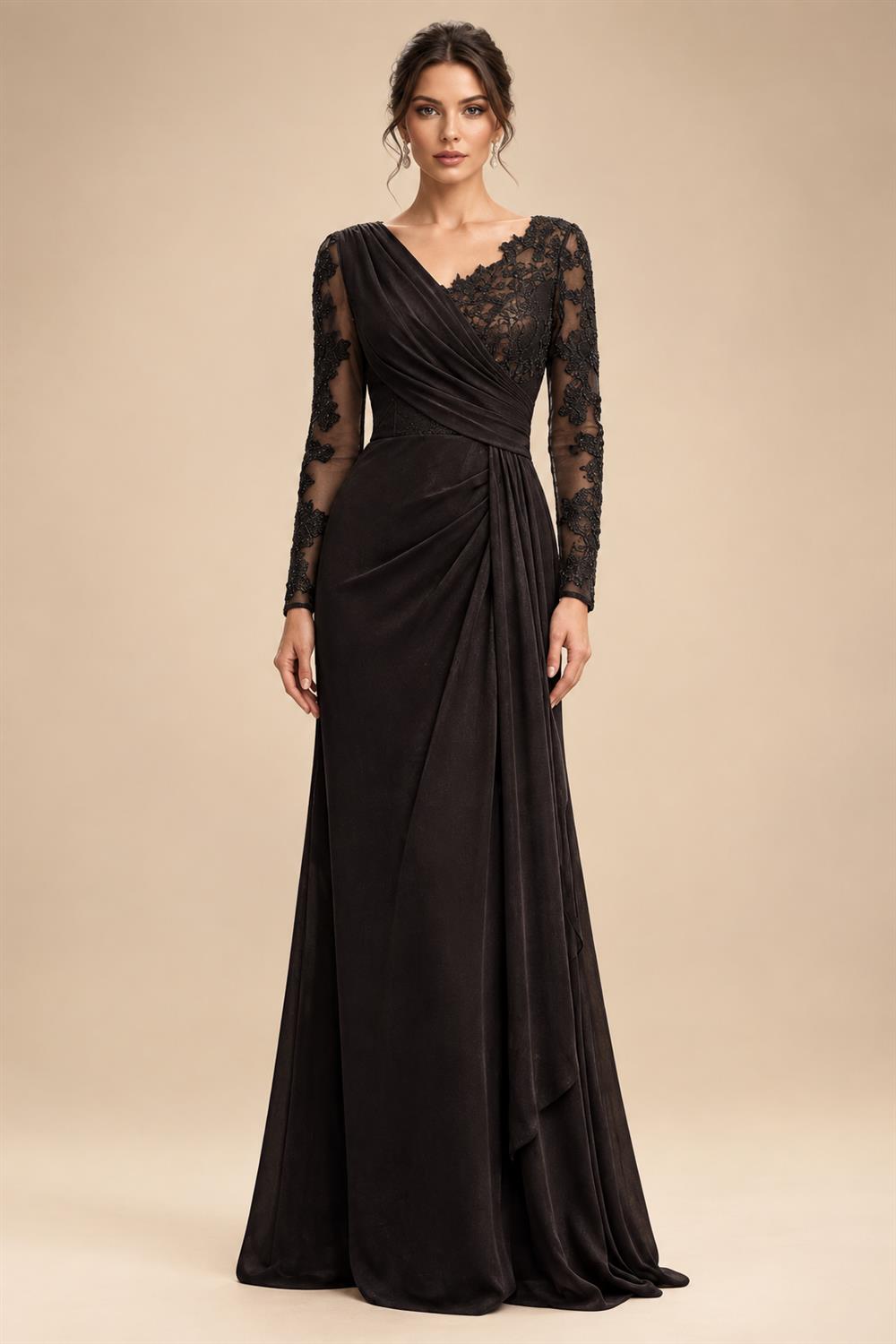 Chiffon Sheath/Column V-Neck Floor-Length Mother of the Bride & Groom Dresses with Lace Embroidery Bodice & Ruched Waist (SHI22501510)