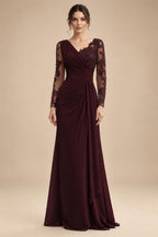 Chiffon Sheath/Column V-Neck Floor-Length Mother of the Bride & Groom Dresses with Lace Embroidery Bodice & Ruched Waist (SHI22501510)