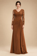 Chiffon Sheath/Column V-Neck Floor-Length Mother of the Bride & Groom Dresses with Lace Embroidery Bodice & Ruched Waist (SHI22501510)