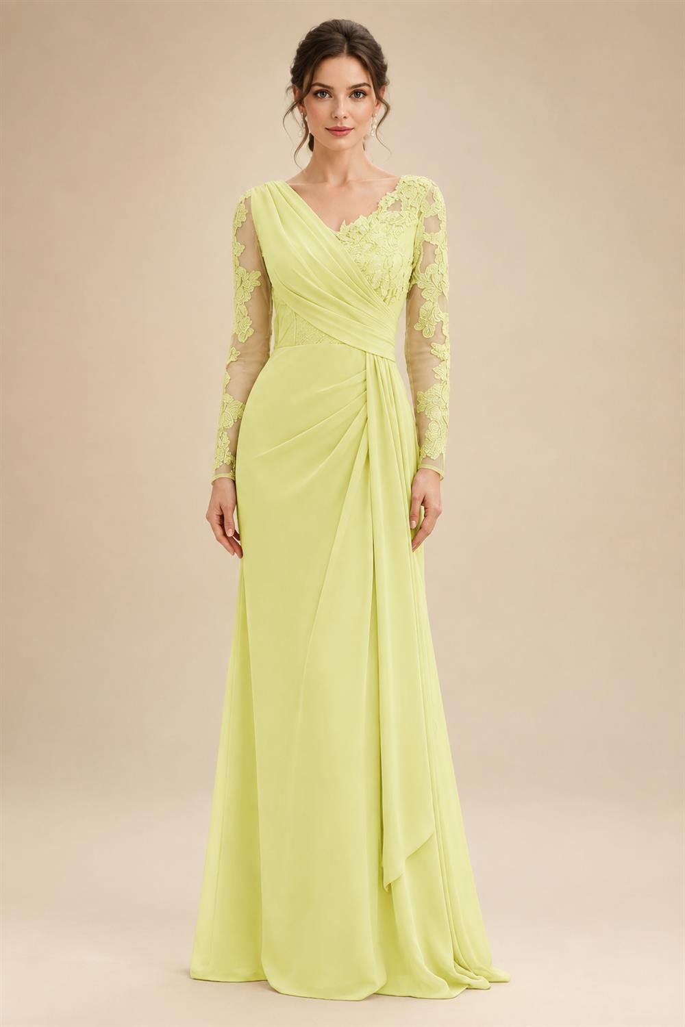 Chiffon Sheath/Column V-Neck Floor-Length Mother of the Bride & Groom Dresses with Lace Embroidery Bodice & Ruched Waist (SHI22501510)