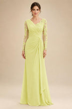 Chiffon Sheath/Column V-Neck Floor-Length Mother of the Bride & Groom Dresses with Lace Embroidery Bodice & Ruched Waist (SHI22501510)