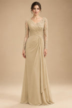 Chiffon Sheath/Column V-Neck Floor-Length Mother of the Bride & Groom Dresses with Lace Embroidery Bodice & Ruched Waist (SHI22501510)