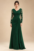 Chiffon Sheath/Column V-Neck Floor-Length Mother of the Bride & Groom Dresses with Lace Embroidery Bodice & Ruched Waist (SHI22501510)