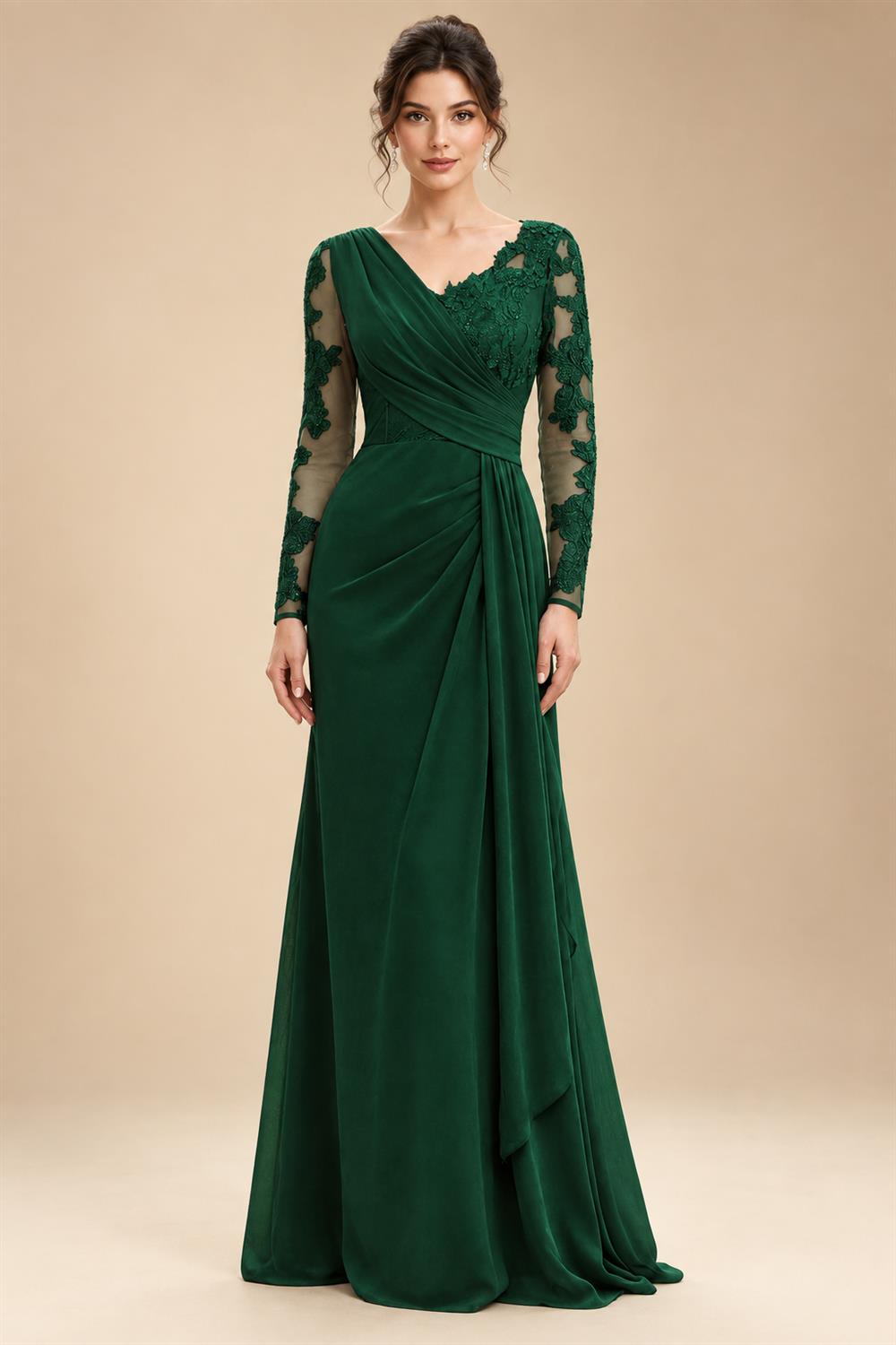 Chiffon Sheath/Column V-Neck Floor-Length Mother of the Bride & Groom Dresses with Lace Embroidery Bodice & Ruched Waist (SHI22501510)