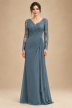 Chiffon Sheath/Column V-Neck Floor-Length Mother of the Bride & Groom Dresses with Lace Embroidery Bodice & Ruched Waist (SHI22501510)