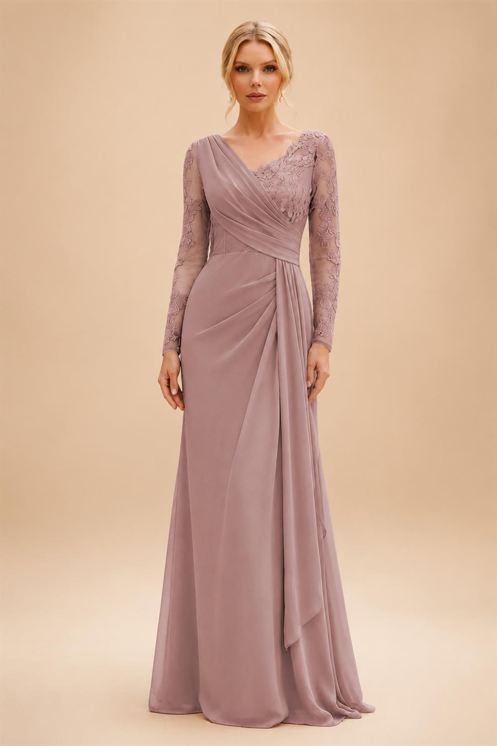 Chiffon Sheath/Column V-Neck Floor-Length Mother of the Bride & Groom Dresses with Lace Embroidery Bodice & Ruched Waist (SHI22501510)